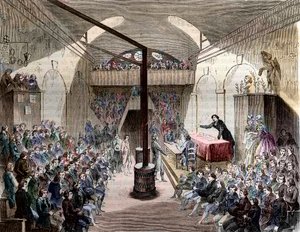 Club des Jacobins - Paris rue Neuve-St Honore 1789 - View of the club of Jacobins. Former convent of the Order of St Dominica - A session at the club of Jacobins, during the Revolution of 1789 - Engraving of 1844 - French Revolution. A session at the Jacob