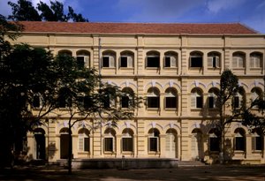 Colonial architecture in Vietnam: Detail of the Puginier School, Christian school founded by Monsignor Puginier, built in 1898, military style architecture by French School
