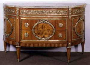 Commode with Tulipwood Marquetry Panels, Ormolu Mounts, by Joseph Stockel