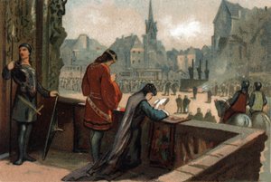 Constance next to her husband Robert II the Pious, King of France, looks at the torment of the heretics condemned on the Place de Grève in Paris