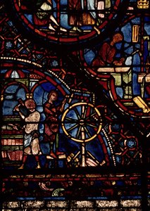 Coopers at work, detail from the Life of St. Julian the Hospitaller window in the north ambulatory by French School