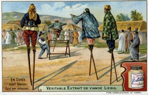 Coree: female sport of jumping on stilts - chromo Liebig, c.1900 by French School