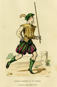 Costume of lackey runner in the 15th century. Colour engraving, in 