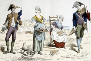 Costumes of Paris through the centuries. Illustration of 18th century clothing: merchant of umbrellas, flowers, mattress cardboard and bellows merchant