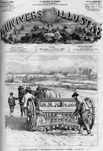 Country work: sowing barley in the Sarthe. A newspaper. Engraving in Le Monde Illustre, March 13