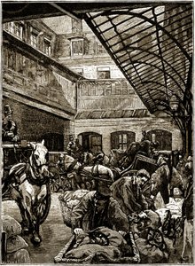 Courtyard for the transshipment of postal bags in the Hotel des Postes in Paris in the middle of the 19th century by French School