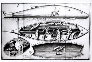 Cross-Section of a Submarine, from a manuscript, March 1689 by French School