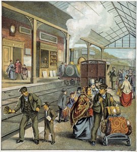 Crowd on quay of a train station in England
