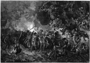 Custom of New Caledonia: Pilou pilou, traditional Kanak dance. Engraving in Le Monde Illustré n°772 of 27 January 1872