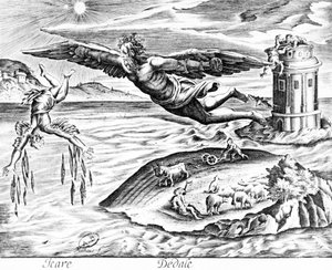 Daedalus escaping from Crete with his son, Icarus, sees him falling to his death, 1619 by French School