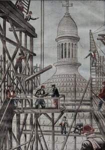 Demonstration of scaffolding unveiling the end of the construction of the dome of the Basilica of Montmartre. Engraving in 