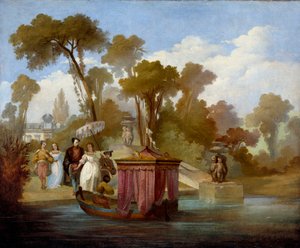 Departure for the walk (in the 16th century). A couple waiting to get into a boat with a canopy