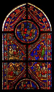 Part of a window from the church of Varennes-Jarcy (originally from the Abbey de Gercy?); scenes include the Annunciation to the Shepherds, the Synagogue and musician angels by French School