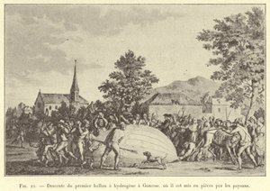 Descent of the First Hydrogen Balloon at Gonesse, where it is Torn to Pieces by Peasants (engraving) by French School
