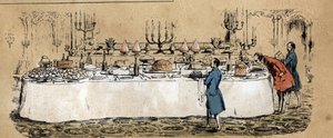 Description of the different products and uses of the cow: products from the cow can be found on the table of a mundane buffet during a ball. Plate 