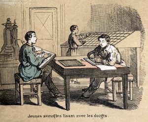 Description of the five senses: detail of touch, young blind boys use touch to decipher texts through the Braille alphabet, a tactile writing system. Plate 