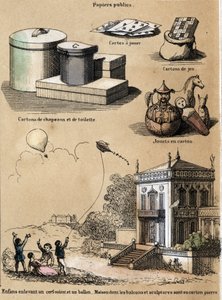 Description of the various products and uses of paper: cardboard and hat boxes, playing cards, games such as kites or balloons. Plate 