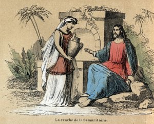 Description of the various stages of making and uses of clay: Jesus and Samaritan carrying a clay jug in the Bible. Plate 