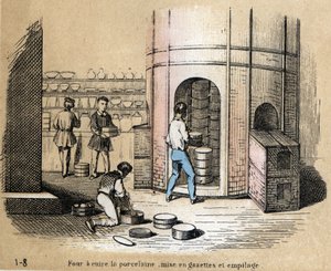 Description of the various stages of manufacture and uses of clay: view of a porcelain oven, gazetting and stacking. Plate 
