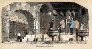 Description of the various stages of manufacture and uses of glass: the manufacture of bottles in a glass blower workshop. Plate 