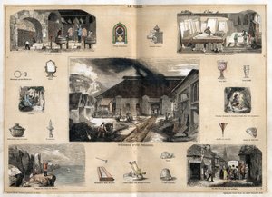 Description of the various stages of manufacture and uses of glass: view of the interior of a glass factory, manufacture of bottles in a glass blower workshop, gilding, polishing and stamping of ice, and various objects (microscope, mirror, glasses, thermo by French School