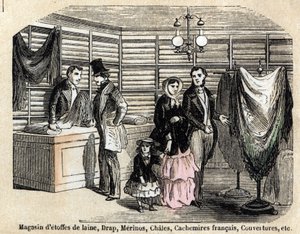 Description of the various uses and products made from sheep: view of a shop of wool fabrics and fabrics, sheets, lime, cashmere. Plate 