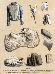 Description of the various uses and products of sheep: leather working and representation of products of sheepskin, hussard jacket, bellows, gloves, bindings and parchment, wallet and accessories. Plate 