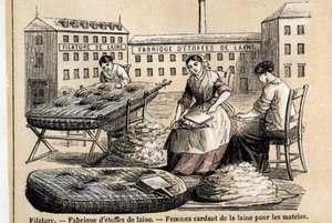 Description of the various uses and products of sheep: workers carding wool for mattresses in the yard of a factory. Plate 