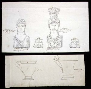 Designs for gilt bronze ormolu furniture mounts and French Empire porcelain cups, c.1820