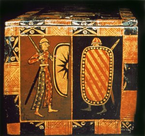 Detail from a wedding chest depicting soldiers dressed for battle
