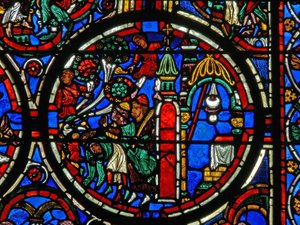 Detail from a window depicting the Passion: Christ being greeted on his entry to Jerusalem by French School