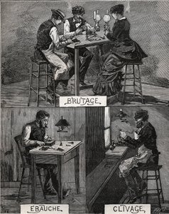 Diamond cutting, sound, rough and cleavage. Engraving from 1885 in 