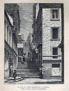 Discover Canada: Rue du Peute Champlain in Quebec. Drawing by Taylor from a photograph. Engraving from the end of the 19th century in 