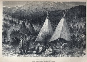 Discovery of Canada: American Indian Camp with teepees. Drawing by Riou from a sketch by Dixon. In La Nouvelle France by Eugene Guenin. by French School