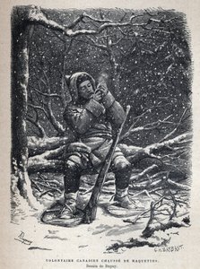 Discover Canada: Canadian Army Volunteer Snowshoe Shoes. Drawing by Dupuy. Engraving from the End of the 19th Century in La Nouvelle France by Eugene Guenin by French School