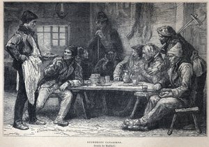Discover Canada: Canadian loggers. Drawing by Maillard. Engraving from the end of the 19th century in 