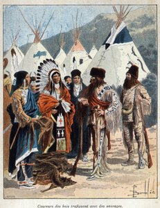 Discover Canada: The Coureurs de Bois, Involved in the Fur Trade with the Indians of America, Trading Animal Skins in the 17th Century. Engraving from the End of the 19th Century in La Nouvelle France by Eugene Guenin