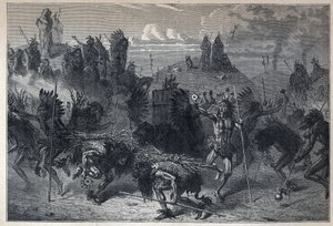Discovery of Canada: the dance of the bison in the Mondanes. In La Nouvelle France by Eugene Guenin. by French School