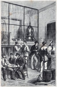 Distillator shop in Paris in the 19th century - Engraving in Sciences made available to all - physics and chemistry by Alexis Clerc - End 19th century - Private collection
