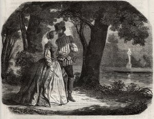 Don Juan discussed with Anne of Austria (1549-1580) his possible union with Prince Don Carlos (1545-1568), son of King Philip II of Spain (1527-1598). Engraving from 1871 in 