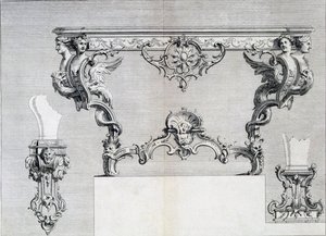 Double branched candlestick with rococo and classical elements, from a pattern book of Neo-classical metalwork designs put together by Duhamel, c.1770s-80s