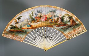 Double Leaf Hand Fan Painted with Pastoral Scene by French School