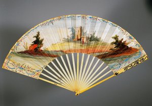 Double leaf hand fan painted with pastoral scene, back by French School