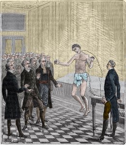 Dr Andrew Ure conducting voltaic experiments on the body of the executed murderer, Clydesdale, in 1818 - Experience by Andrew Ure (1778-1857) on a corpse - Engraving in 