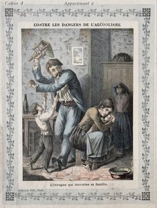 Drunkard terrorising his family, cover of a school exercise book. c.1900 by French School