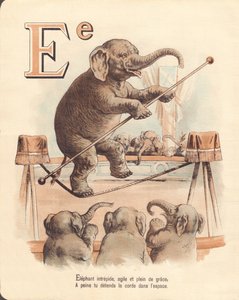 E: Elephant, equilibrist intrepid elephant, agile and full of grace, barely relax the rope in space by French School