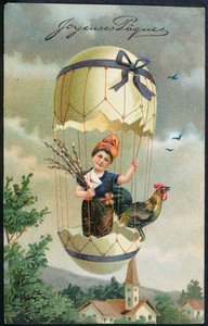 Easter postcard depicting a child in an egg