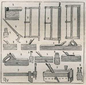 Ebenisterie: usual tools, saws and planing. Engraving from 1885 in Les arts et metiers illustres by Adolphe Bitard. by French School