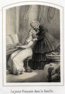 Education for young girls of good families: a young French woman sitting on the piano is taken over by her housekeeper by French School