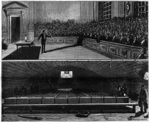 Electric light experiment performed in 1813 by Humphry Davy, in his chemistry course at the Royal Institution of London. Engraving in 